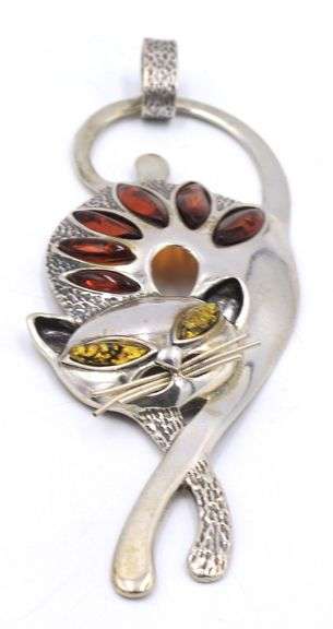 Vintage 925 sterling silver Amber cat pendant