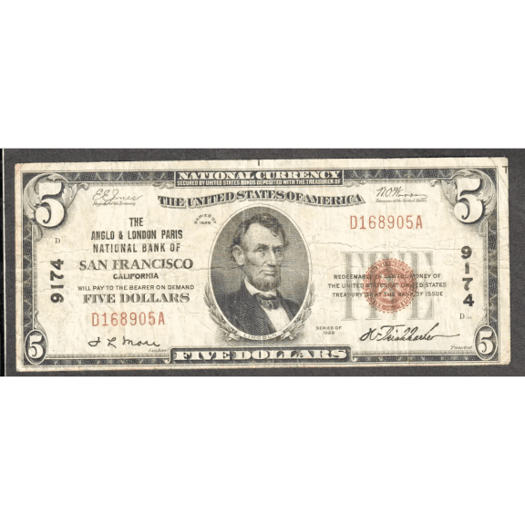 $5 1929 Anglo & London Paris NB of San Francisco, CA Ch# 9714 Very Fine