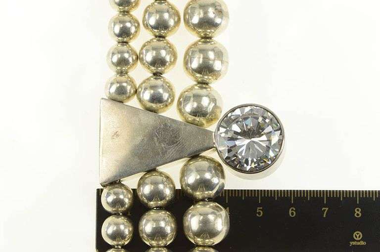 Sterling Silver 35.5mm Tiered Round Beaded Geometric CZ Necklace