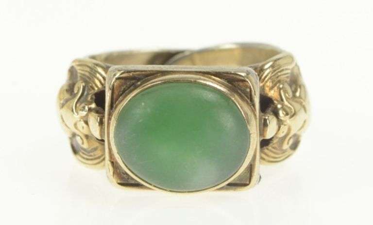 Sterling Silver Ornate Chinese Green Chalcedony 18k Two Tone Ring