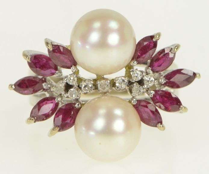 18K White Gold 1950's Pearl Diamond Ruby Cluster Ring