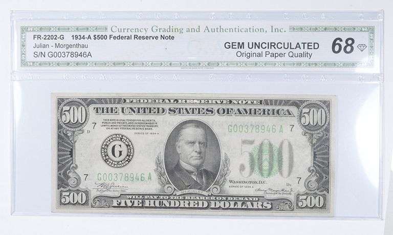 1934-A $500 FR#2202-G Federal Reserve Note Green Seal Grade CGA 68 Gem UNC