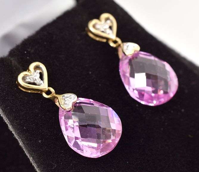 Lovely 14K Yellow Gold Pink Topaz and Diamond Dangle Earrings