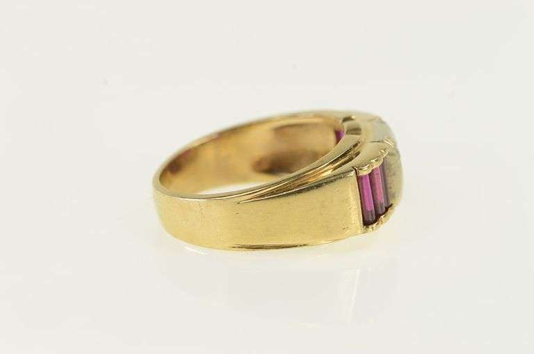 14K Yellow Gold 1930's Diamond Syn. Ruby Bar Men's Ring