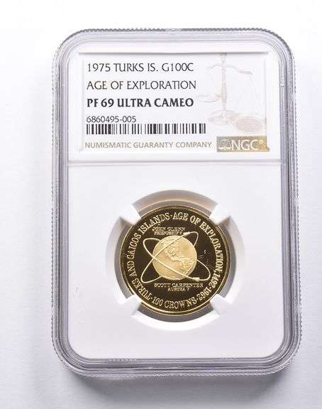 PF69UCAM 1975 Turks Caicos Islands 100 Crowns Gold Age Exploration NGC