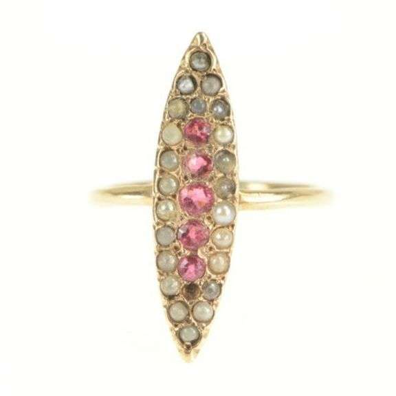 14K Yellow Gold Victorian Ruby Seed Pearl Navette Ring