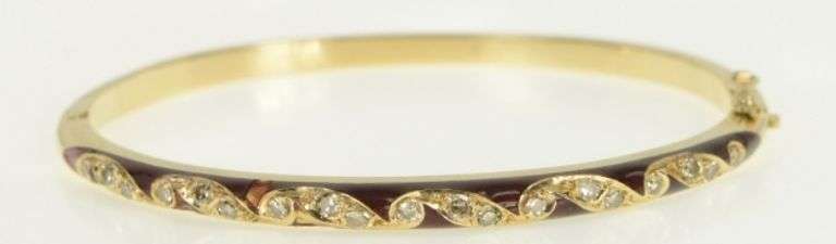 14K Yellow Gold 0.38 Ctw Diamond Enamel Ornate Bangle Bracelet