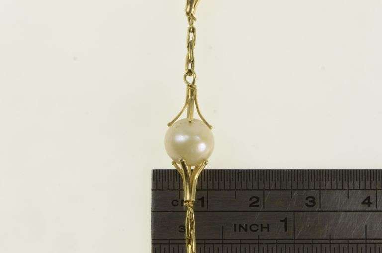 14K Yellow Gold Vintage Pearl Ornate Floral Motif Chain Necklace