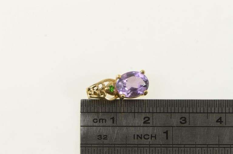 14K Yellow Gold Oval Amethyst Emerald Vintage Pendant