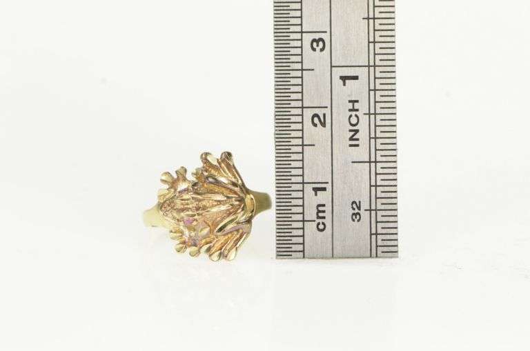 10K Yellow Gold Ruby Eyed Frog Toad Vintage Animal Ring