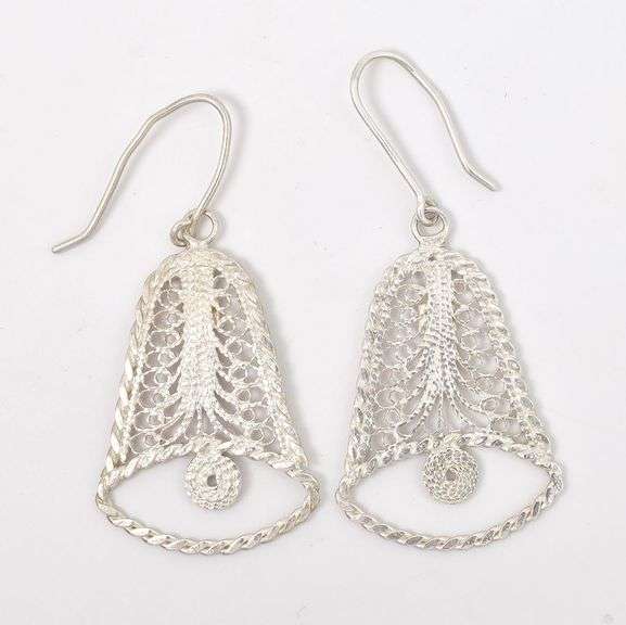 Cute Sterling Silver Filigree Bell Dangle Earrings
