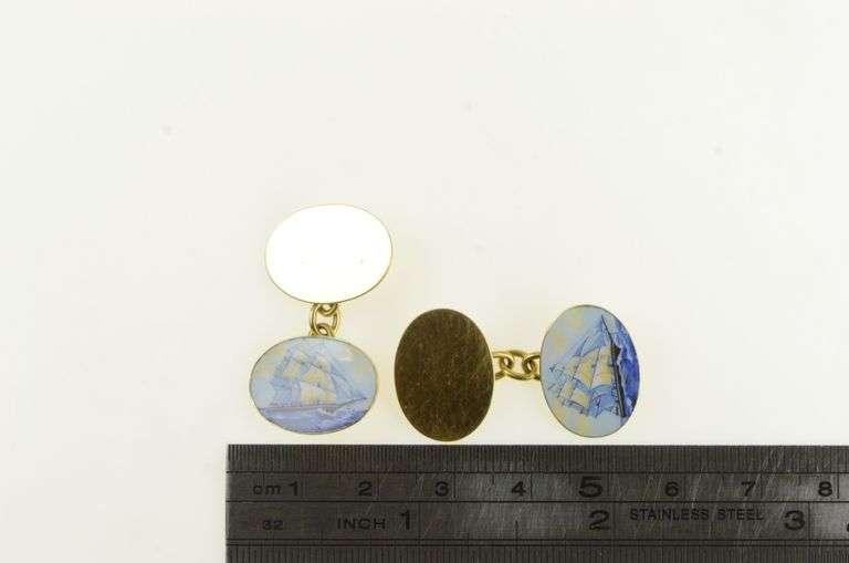 18K Yellow Gold Victorian Painted Ceramic Boat Ship Sail Cuff Links