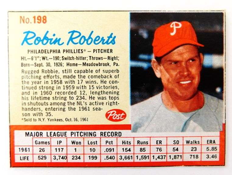 Robin Roberts Vintage Post Cereal Baseball Card
