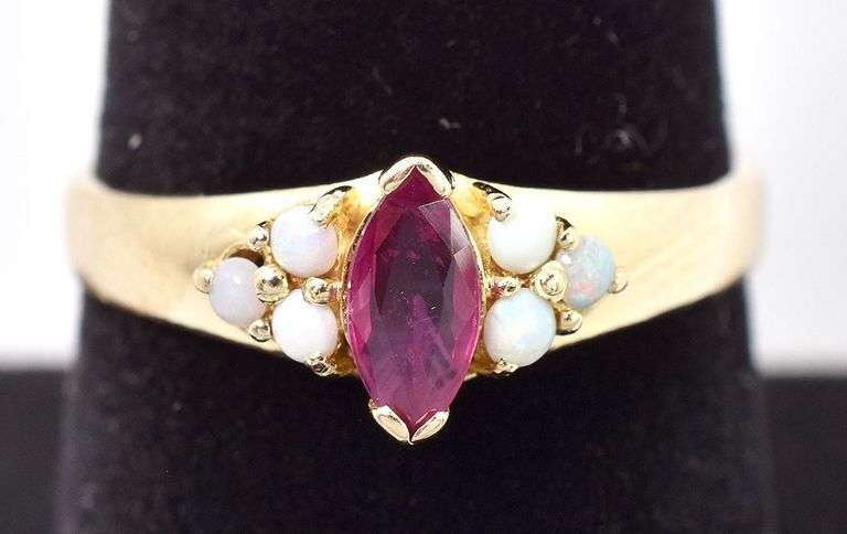 Dazzling 14K Yellow Gold Ruby and Opal Gemstone Ring
