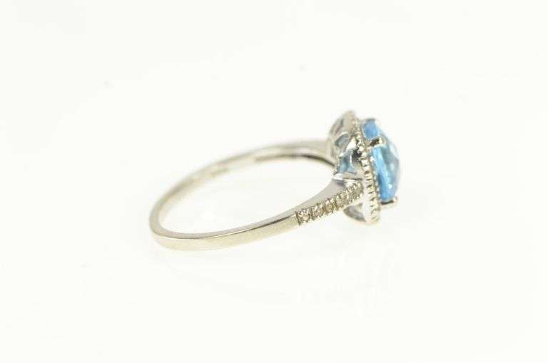 10K White Gold Cushion Blue Topaz Diamond Halo Ring