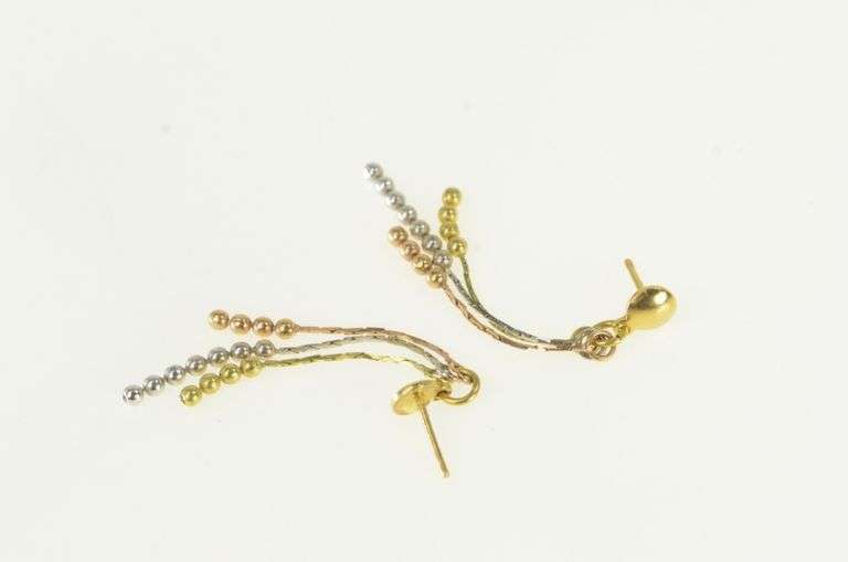 18K Yellow Gold Tri Tone Dangle Beaded Fringe Chain Earrings
