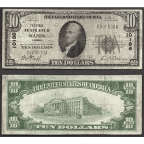 $10 1929 First National Bank Mazon, IL Ch# 10186 =RARE--8 Known= Grundy County Very Fine