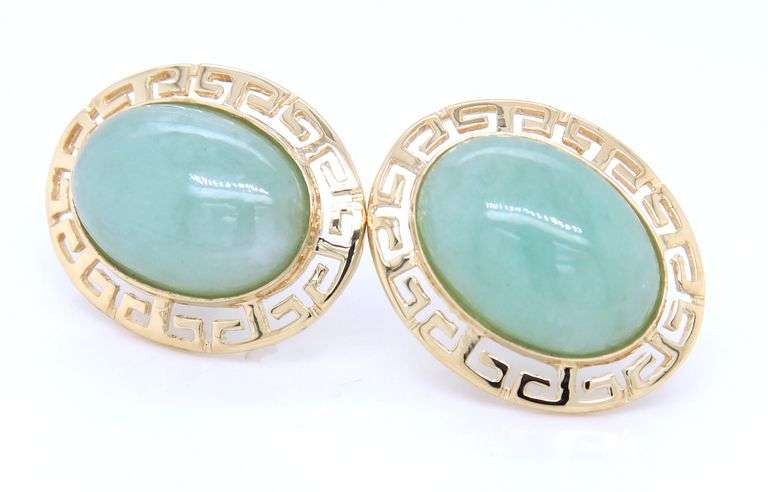 14kt Yellow gold oval Jade Greek key post earrings