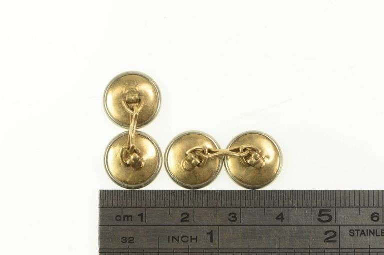 10K Yellow Gold Art Deco Round Abalone Pinstriped Circle Cuff Links