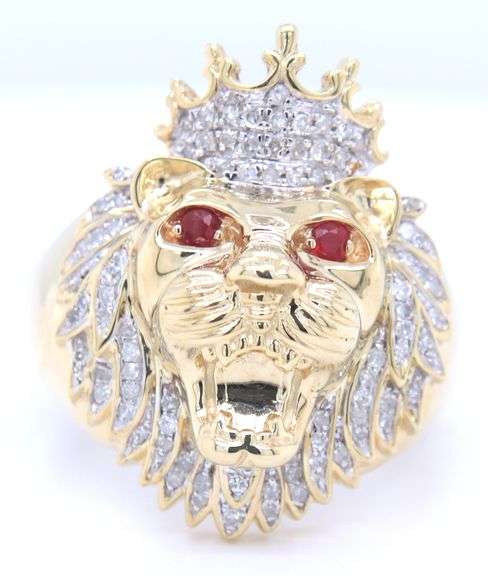 10kt Yellow gold 1ctw diamond and ruby eye lion head ring