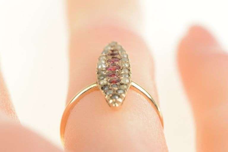 14K Yellow Gold Victorian Ruby Seed Pearl Navette Ring