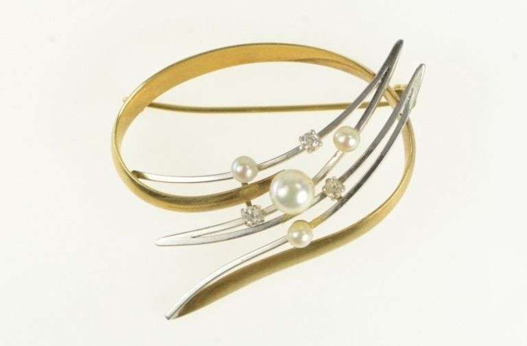18K Yellow Gold Pearl Diamond Two Tone Vintage Swirl Pin/Brooch