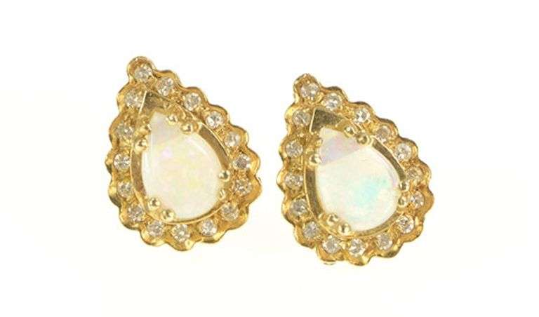 14K Yellow Gold Pear Natural Opal Diamond Halo Stud Earrings
