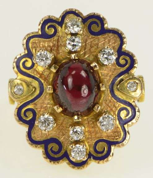 14K Yellow Gold 4.25 Ctw Syn. Ruby Diamond Enamel Ring