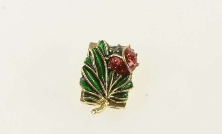 18K Yellow Gold Enamel Lady Bug Leaf Slide Bracelet Charm/Pendant