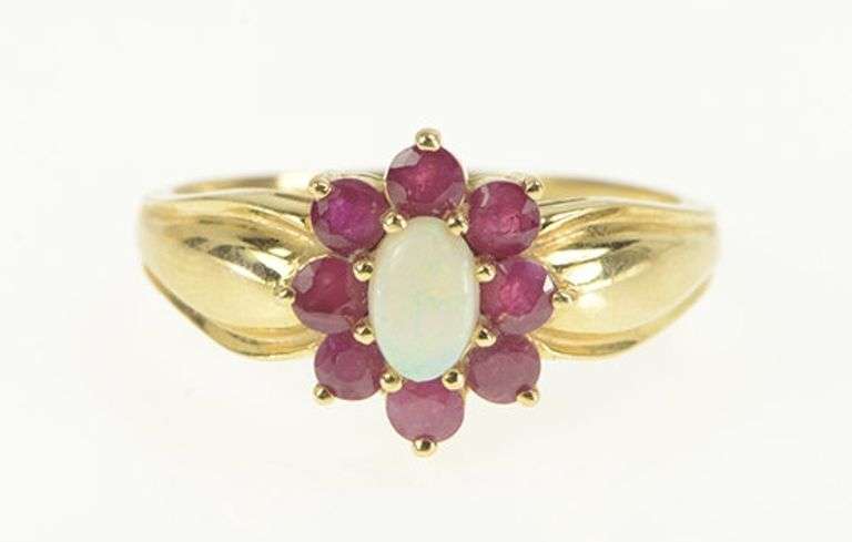14K Yellow Gold Natural Opal Ruby Halo Unique Statement Ring