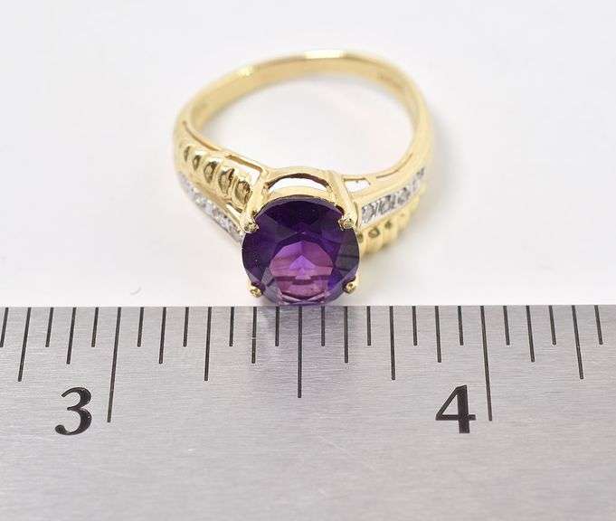 Beautiful 14K Yellow Gold Amethyst and Diamond Gemstone Ring
