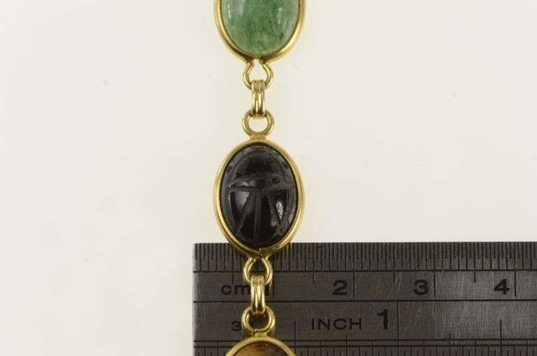 14K Yellow Gold 1960's Carved Egyptian Scarab Stone Bracelet