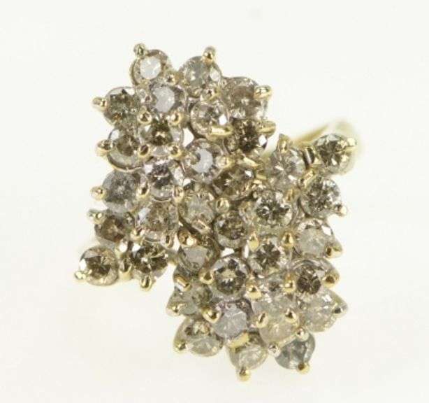 14K Yellow Gold 2.50 Ctw Diamond Cluster Vintage Cocktail Ring