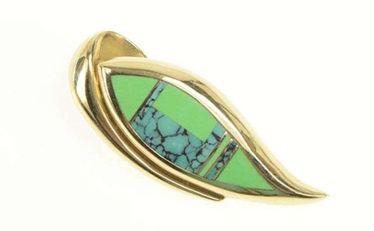 14K Yellow Gold Ray Tracey Knifewing Turquoise Navajo Leaf Pendant