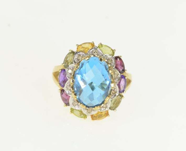 14K Yellow Gold Topaz Diamond Amethyst Citrine Halo Ring