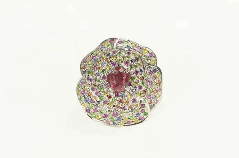 14K White Gold 7.00 Ctw Pink Sapphire Pave Encrusted Flower Ring
