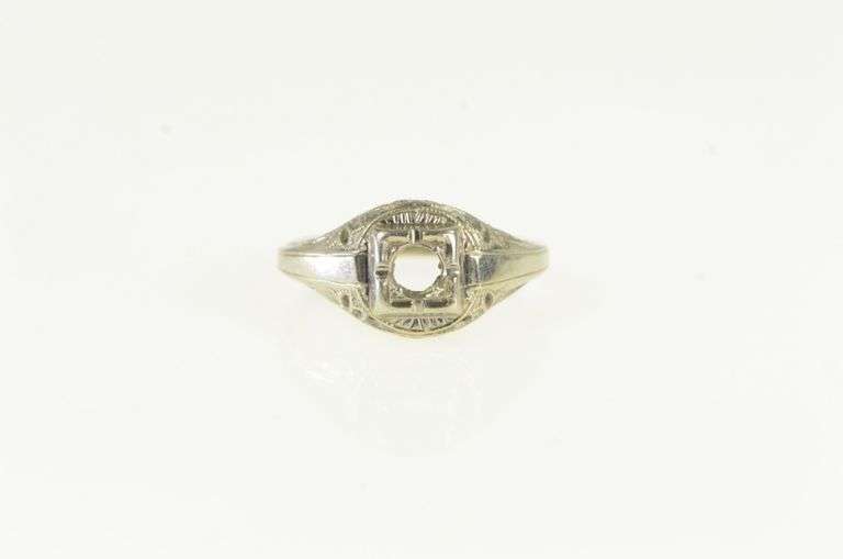 18K White Gold Art Deco Filigree Engagement Setting Ring