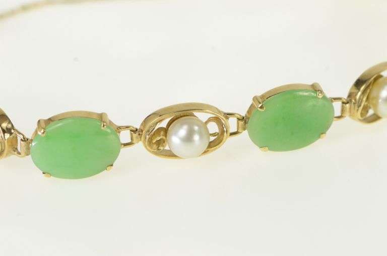 14K Yellow Gold Ornate Floral Motif Pearl Jade Vintage Bracelet