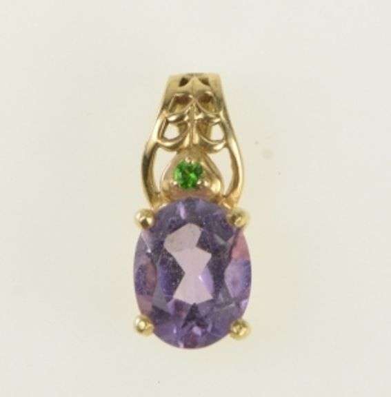 14K Yellow Gold Oval Amethyst Emerald Vintage Pendant