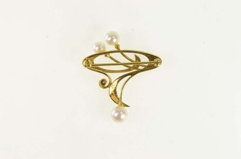 18K Yellow Gold Vintage Pearl Diamond Ornate Swirl Pin/Brooch