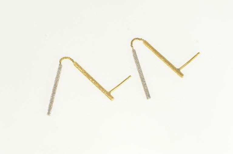 18K Yellow Gold Two Tone Textured Bar Vintage Dangle Earrings