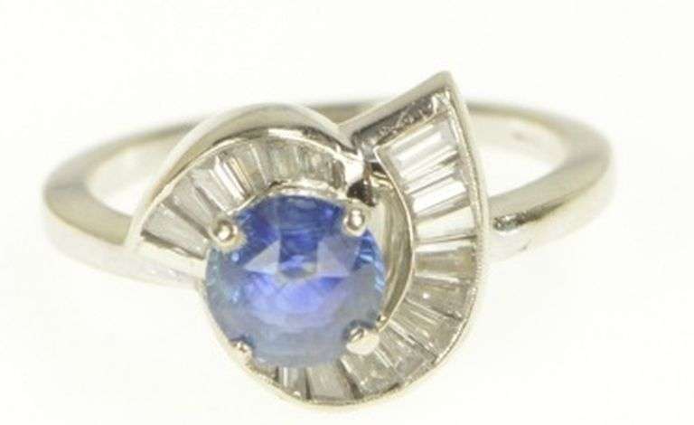 14K White Gold 1.80 Ctw Sapphire Baguette Diamond Engagement Ring