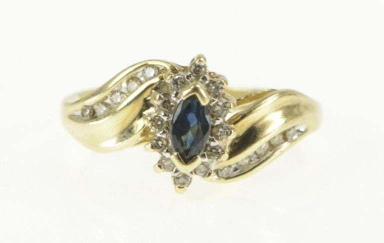 10K Yellow Gold Marquise Sapphire Diamond Halo Bypass Ring