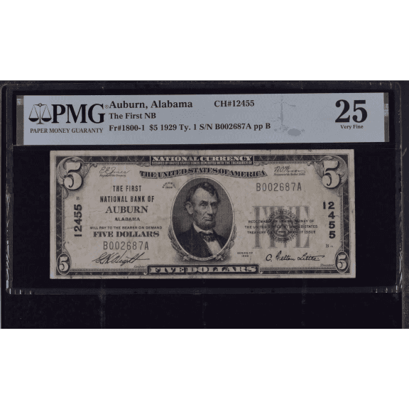 $5 1929 Ch# 12455 First National Bank of Auburn, AL =FINEST KNOWN= Rare PMG VF 25