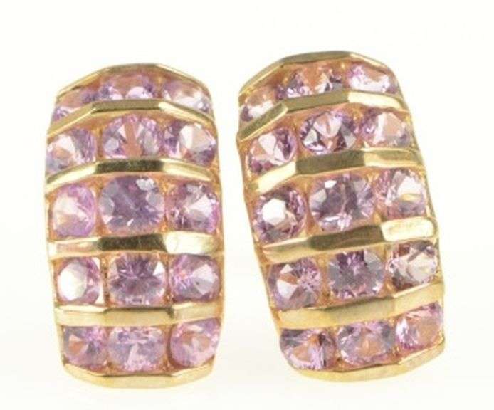 14K Yellow Gold Pink CZ Encrusted Curved Bar Statement Earrings