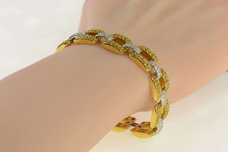 18K Yellow Gold 12.45 Ctw Citrine Diamond Pave Bar Chain Bracelet