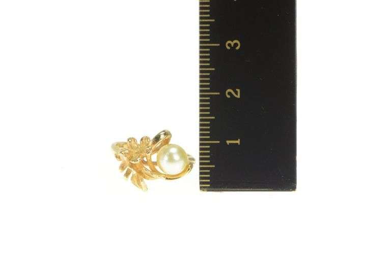 14K Yellow Gold Pearl Floral Cluster Statement Tropical Flower Ring
