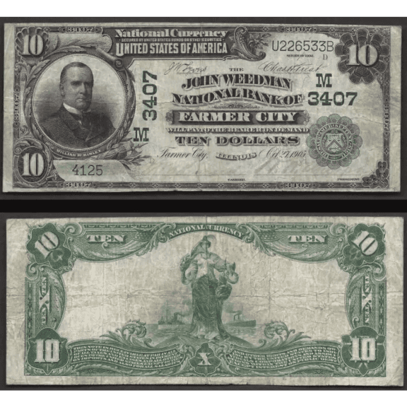 $10 1902-ND John Weedman National Bank of Farmer City, IL Ch.3407 Very Fine