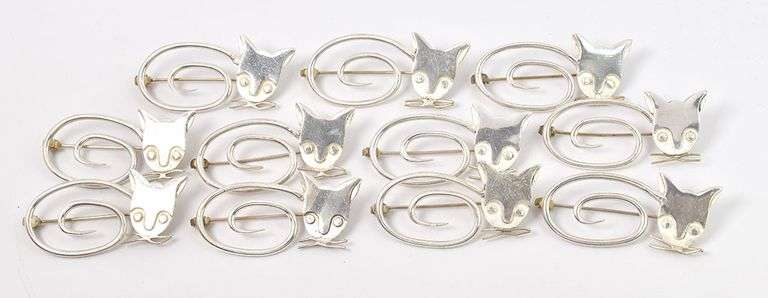 Set of 11 Cat Pins in Sterling Silver
