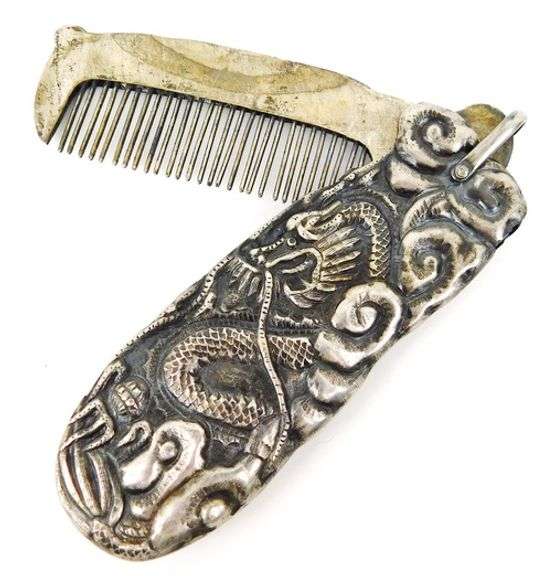 Antique Silver Dragon Comb & Case
